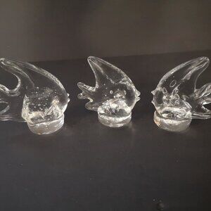 Vintage Set of 3 Clear Art Glass Angel Fish Handblown Paperweights w/ Bubbles